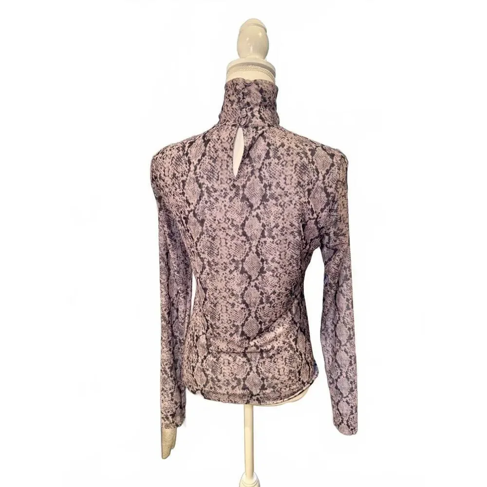Cinq a Sept Mesh Long Sleeve Turtleneck Top with Snake Print, Large - Picture 4 of 6